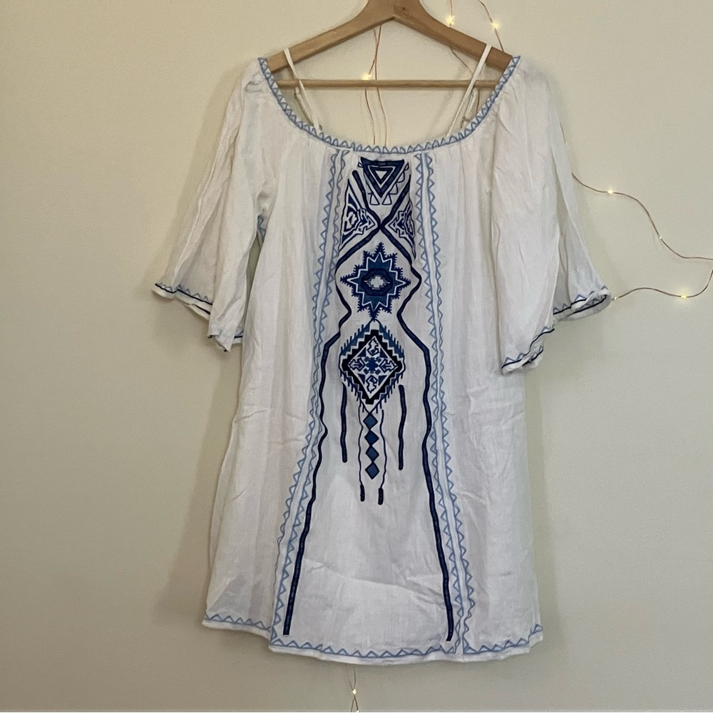 Embroidered Blue & White Linen Dress